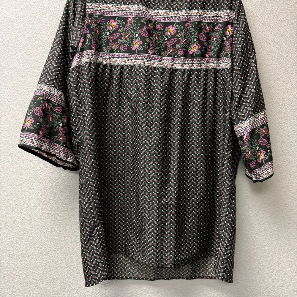 Hannah Boho Floral Paisley Blouse L Black Pink 3/4 Sleeve Top - Picture 6 of 9